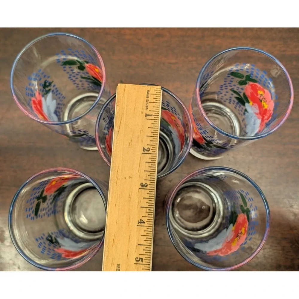 Pioneer Woman Floral Drinking Glasses Set of 5 Red Blue Flowers Polka Dot 6in